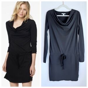 NWOT James Perse Cowl Neck Long Sleeve Blouson Tie Waist Black Jersey Dress